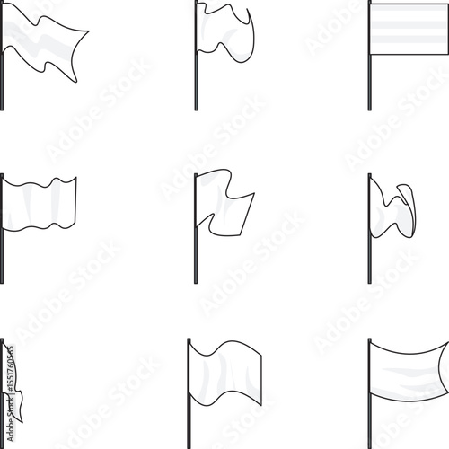 White flag vector icons symbolizing surrender, truce, peace, or ceasefire. Minimalist black-and-white set with various waving styles and pole positions.