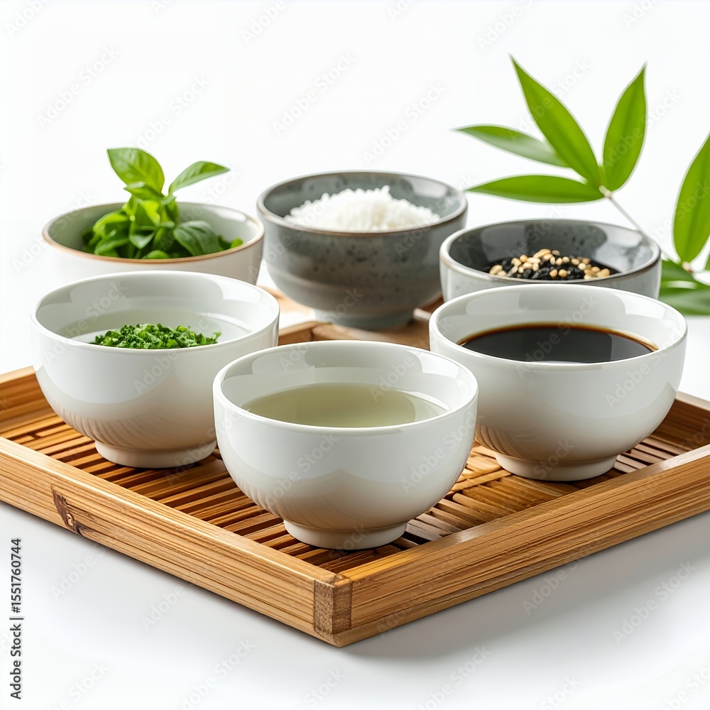 Zenith oriental condiments assortment exquisitely arranged on wooden tray on white background Zenith oriental condiments assortment exquisitely arranged on wooden tray on white background