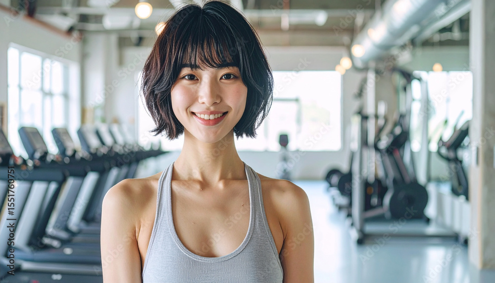 Fototapeta premium モダンなフィットネスジムで笑顔を見せる日本人女性インストラクター – Smiling Japanese Female Fitness Instructor in a Modern Gym Setting