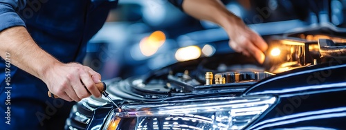 Auto mechanic works on the car's headlights assembly repair.