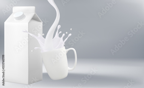 Milk or Yogurt splashing with packaging mock up isolated on solid color background. Food and drink concept
