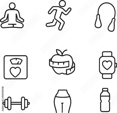 Fitness and Health Icons Set – Outline Vector Illustration