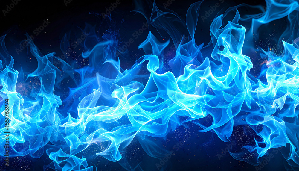 Obraz premium 黒背景に激しく燃え上がる青と水色の密集炎 – Intense Cluster of Blue and Cyan Flames on a Dark Background