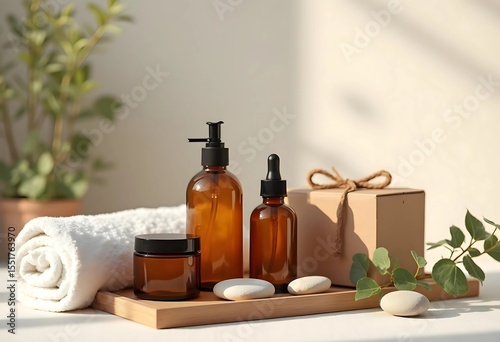Luxurious Spa-Inspired Skincare Products Display. A serene still life featuring various amber glass containers of skincare products, arranged on a light wooden tray.