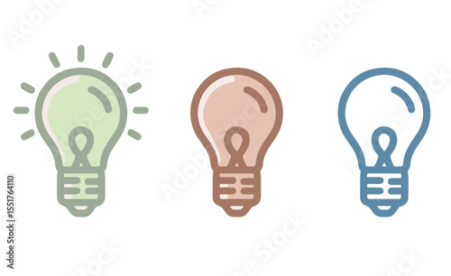 Three stylized light bulb vectors with green, pink, and blue colors

