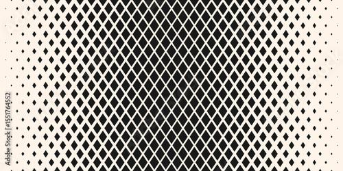 Vector halftone geometric seamless pattern with diamonds, grid, mesh, lattice, rhombuses. Abstract black and white background texture with gradient transition effect. Trendy modern repeated geo design