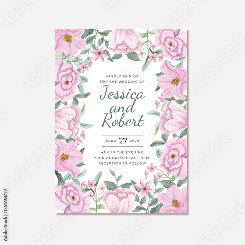 wedding invitation card with pink floral watercolor