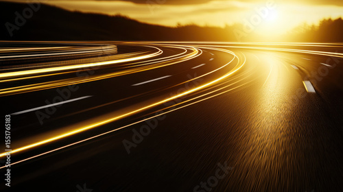 Captivating Sunset Overcurving Highway with Light Trails