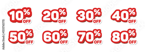 Offer discount label icon set red and whit. Sale off percent, discount special offer price promotion tag, discount from 10 to 80 percent vector isolated on transparent background. Vector illustration.
