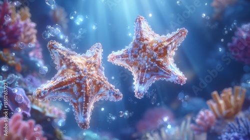 The ocean floor was surrounded by a cinematic display of serene marine life, including glowing starfish, colorful coral, and sea plants