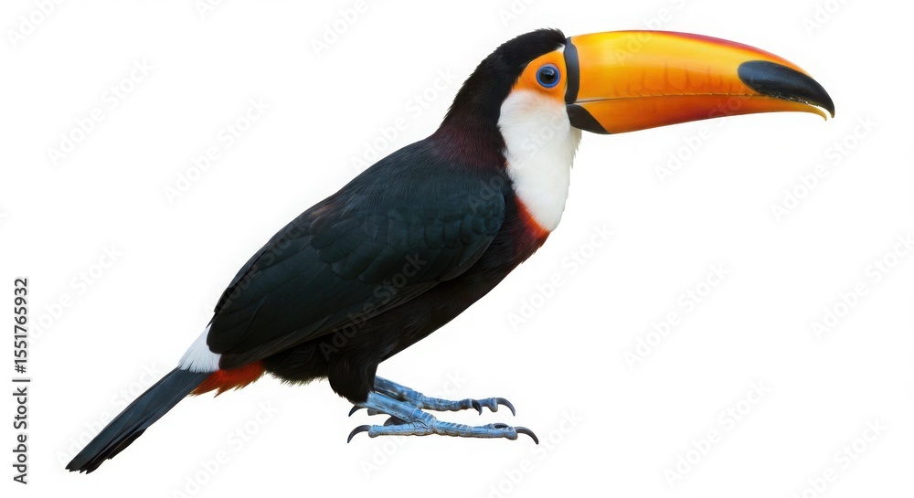 Naklejka premium A colorful toucan bird with a black body, white chest, and a large orange and black beak, standing on a white background.
