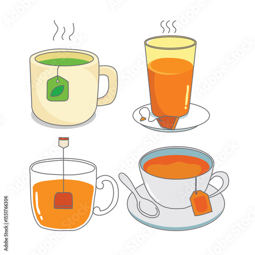 Set of hand-drawn hot tea cups with tea bags – cozy vector illustration of herbal and black tea in various mugs and glasses, perfect for cafe menu, blog, or tea-related design