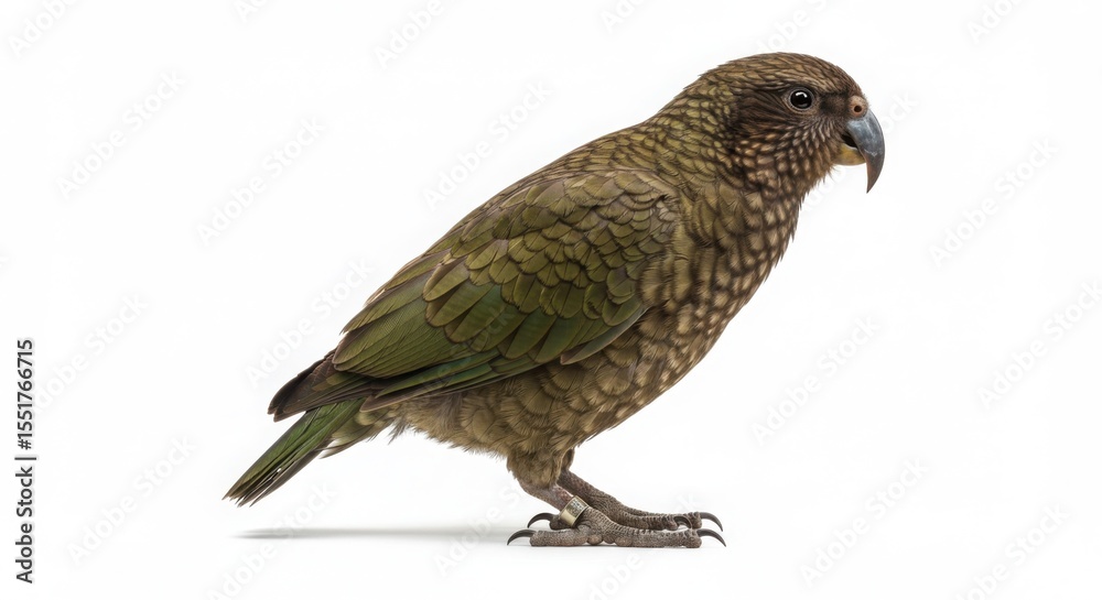 Fototapeta premium Side view of a kea, also known as alpine parrot, standing against a white background. Wild new zealand bird from the parrot family.