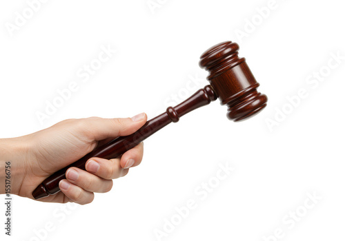 Isolated Hand Holding Wooden Gavel for Auction Judge Law in Transparent