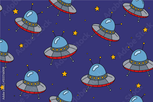 A whimsical pattern of cartoon flying saucers and yellow stars floats across a dark blue background. Vector Patterns