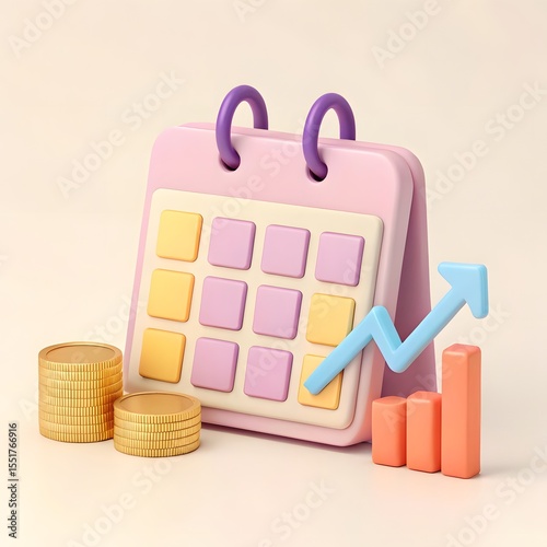 3d cartoon calendar with stacks of gold coins and upward trending graph