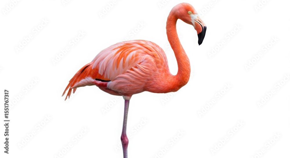 Obraz premium Single pink flamingo bird standing on one leg isolated on a white background, symbolizing elegance and exotic wildlife.
