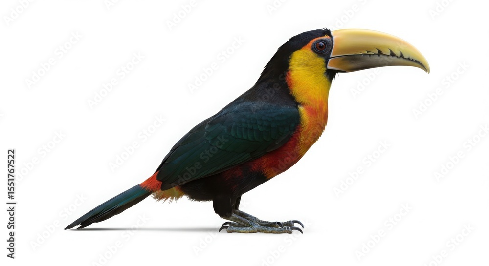 Obraz premium Colorful toucan perching on white background. Tropical bird with vibrant feathers and large beak. Exotic wildlife concept.