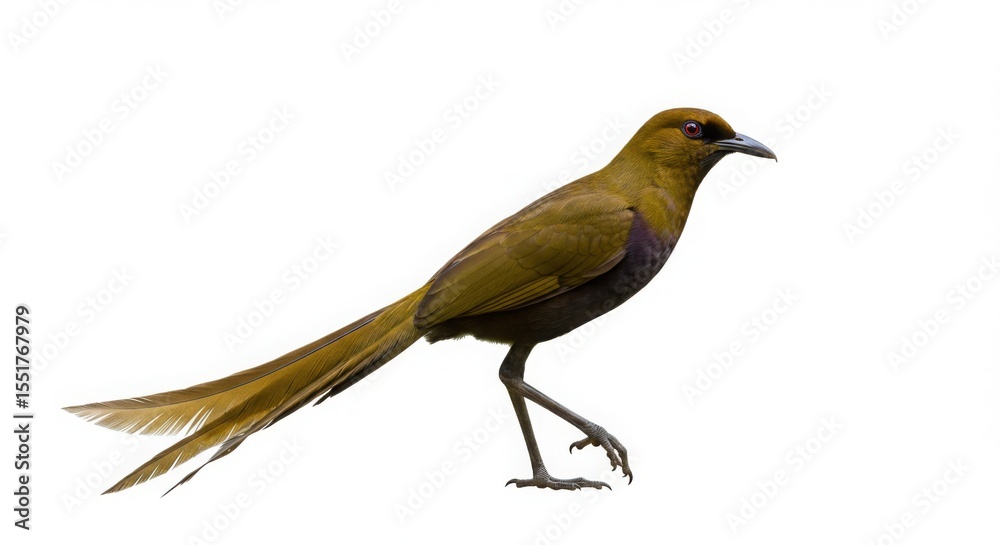 Fototapeta premium A large-tailed grackle bird, also known as quiscalus mexicanus with brown plumage and a distinctive amber eye on a white background.