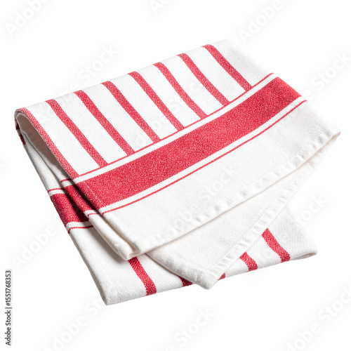 Folded kitchen towel displaying classic red and white stripe pattern on transparent background