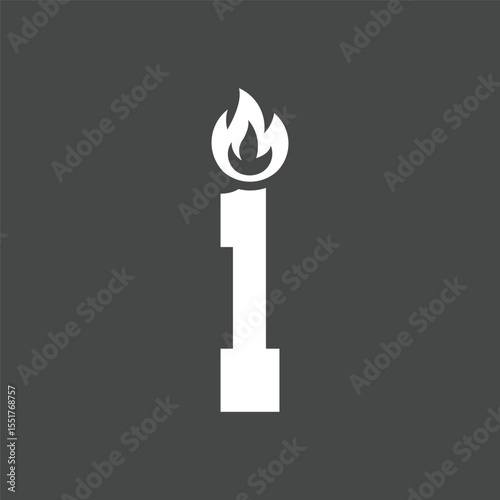 Minimalist Number One Candle Icon with Flame on Dark Background