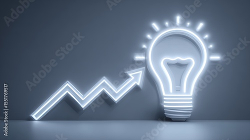 A bright red light bulb is prominent among green upward arrows, representing innovation and progress