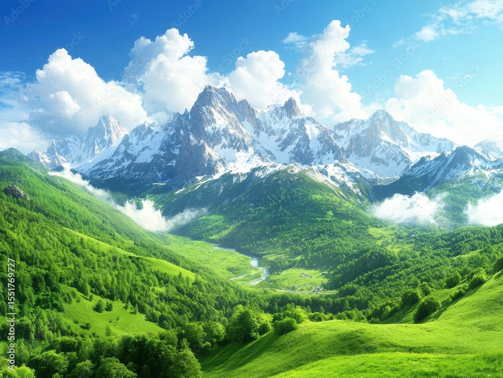 Obraz premium Majestic Mountain Landscape with Lush Green Valley and Blue Sky