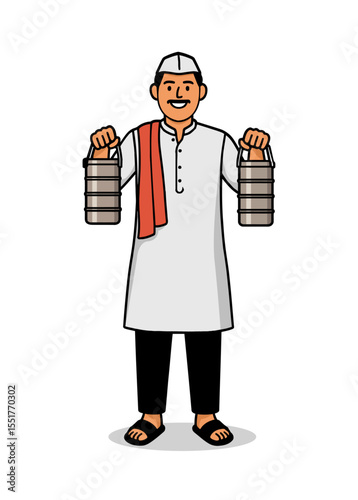 Cartoon vector of a Mumbai dabbawala in white kurta and cap carrying two stainless-steel tiffin carriers. Iconic Indian lunchbox delivery worker—logistics, office meals, culture and city life themes
