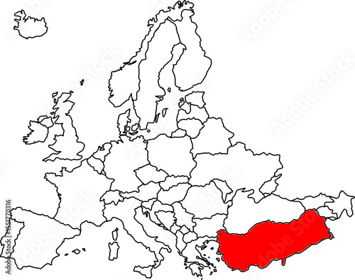 Map of Turkey, a map of the European continent highlighting the country of Turkey
