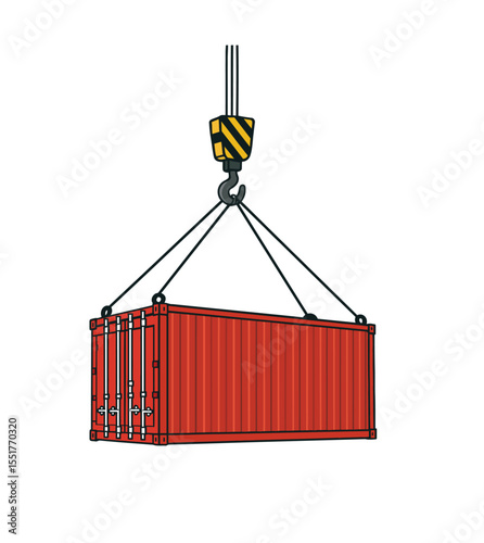 Red freight container lifted by crane hook and slings. Cargo logistics, global trade, import-export, distribution and supply chain operations concept in clean industrial vector illustration
