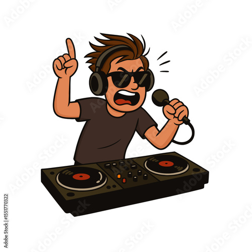 Cool DJ in headphones performs at turntables with microphone, hyping the crowd. Nightclub party, music mixing, EDM event and entertainment concept in energetic modern cartoon vector