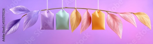 Assorted herbal tea bags neatly arranged with colorful leaves in a serene environment for relaxation