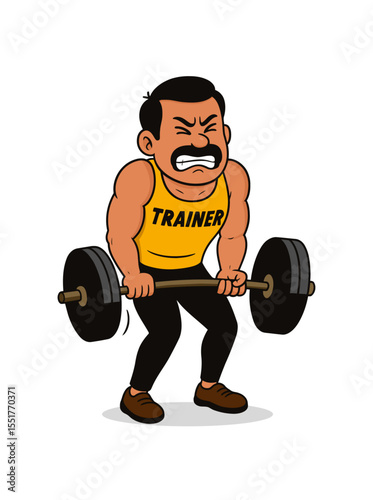 Strong trainer straining to lift a heavy barbell in the gym. Weightlifting, deadlift effort, fitness challenge and strength-training motivation shown in energetic cartoon vector for sports or wellness