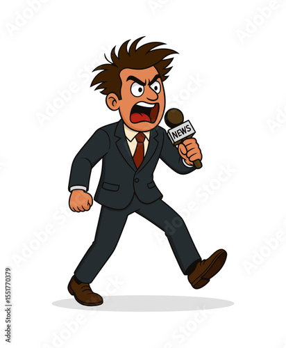 Cartoon news reporter in suit shouting into a microphone during live broadcast. Aggressive breaking news, media outrage, sensational journalism and press freedom concept in bold vector style