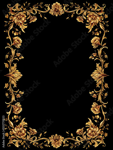 A golden floral frame on a black background, in a vintage style, with a detailed design featuring ornate elements.