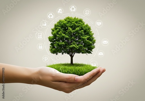 Hand holding a tree symbolizing environmental conservation and sustainability