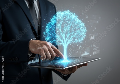 Businessman interacts with digital tree on tablet representing growth