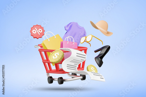 3D Vector Illustration Render Shopping Cart Full of Fashion Products T-shirts, Shoes, Hats, Glasses, Bags, Receipts, Coins, Discount Signs, Online Shopping Concept During Sale and Special Promotion.