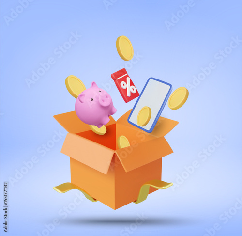 3D Vector Illustration Render of Gift Parcel Box with Opened Ribbon, Inside are Gold Coins, Piggy Bank, Mobile Phone and Floating Discount Coupon. Money Saving Concept, Online Shopping, Promotion.