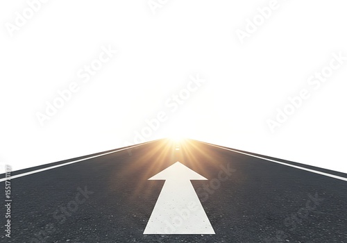 Arrow points forward on asphalt road isolated on white background