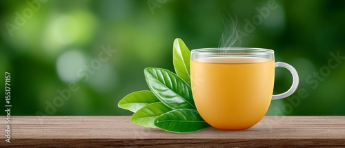 Steaming herbal infusion mug on wooden surface nature background closeup view relaxation concept