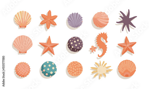 scalable vector illustration featuring a curated collection of colorful seashells, starfish, sand dollars, sea urchins, and seahorses, easily editable and scalable.