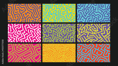 Neon maze abstract background Set