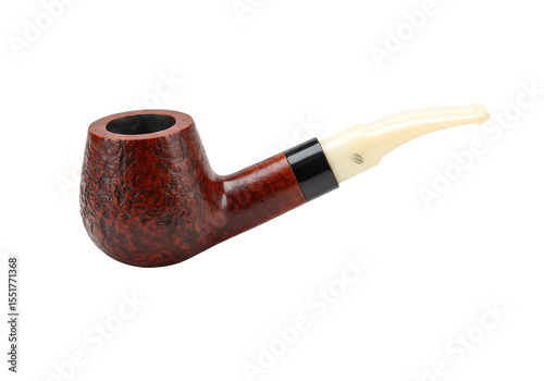 Isolated Detailed Tobacco Smoking Pipe With Wood Grain and Ivory Stem