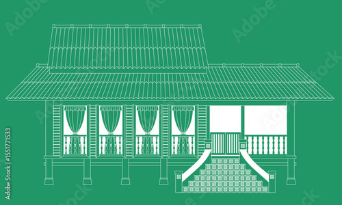 Vector of a traditional Malay house in Malaysia, also known as rumah kampung. Outline only with solid color background.