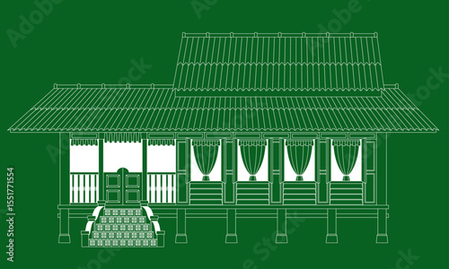 Vector of a traditional Malay house in Malaysia, also known as rumah kampung. Outline only with solid color background.