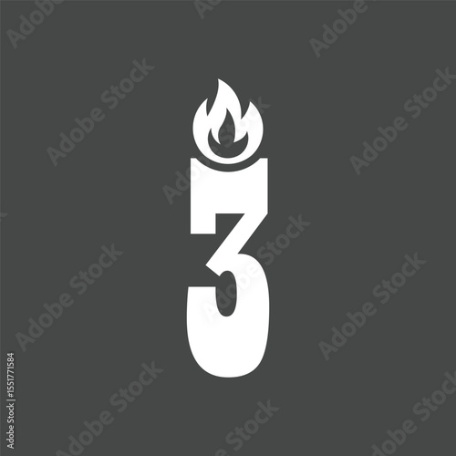 Minimalist Number Three Candle Icon with Flame on Dark Background
