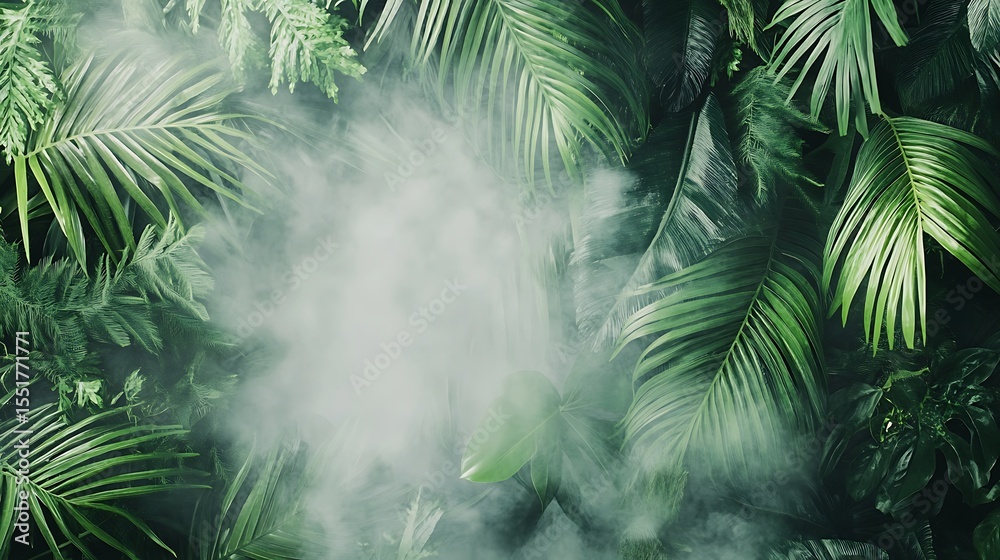 Obraz premium Mystical Tropical Paradise: Lush Greenery and Foggy Atmosphere