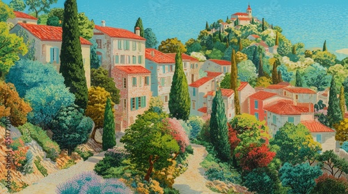 vibrant mediterranean village painting with red roofs and pastel landscape
