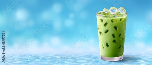 Refreshing iced green tea with condensation summer day beverage photography bright background close-up view hydration concept